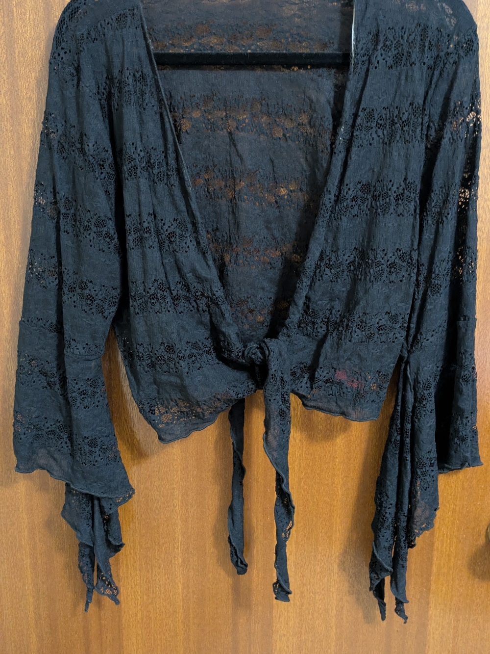 Black Lace Tie-Front Bell Sleeve Crop Top